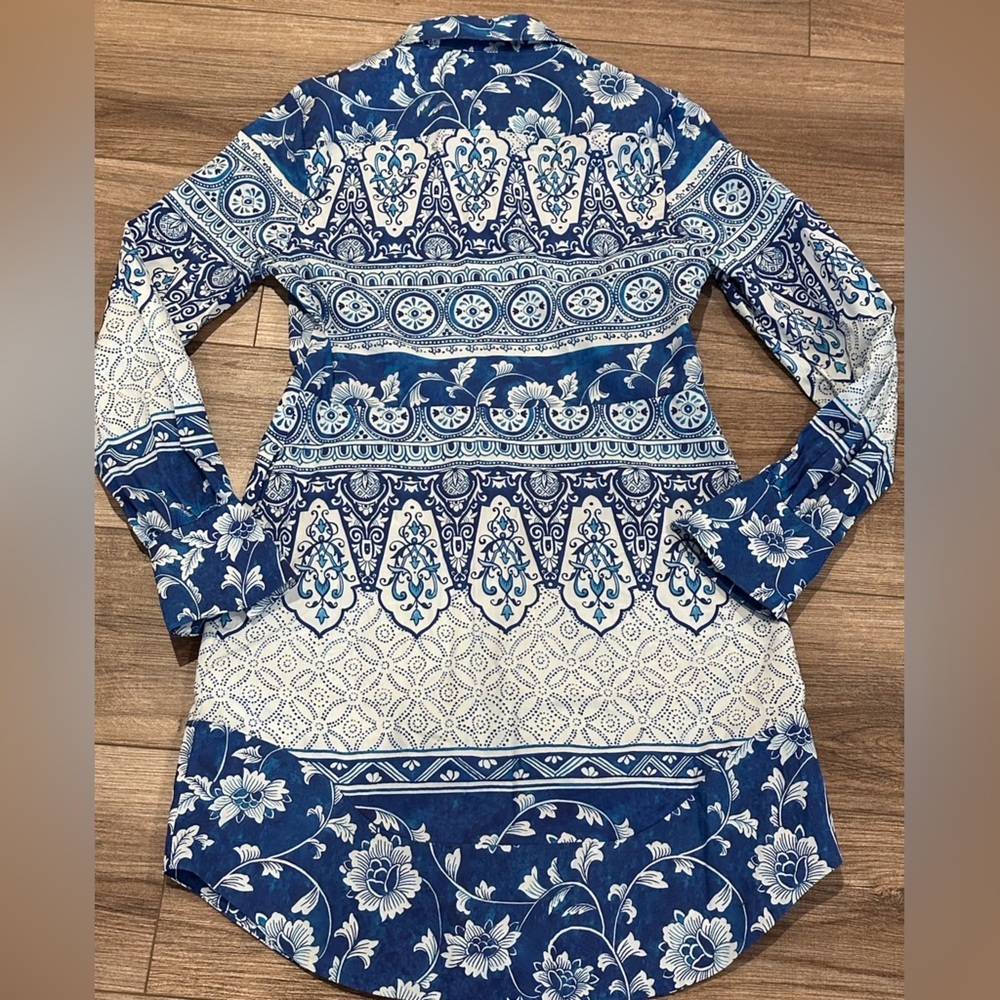 NWOT Anthropologie Printed Button Front Shirt Dress Blue and White Size XS - Picture 9 of 12